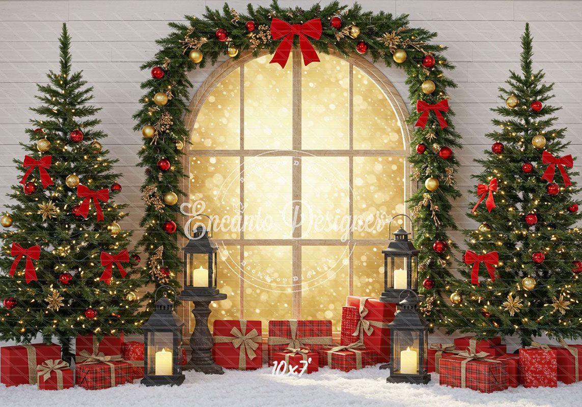 Red Gold Arch Window Christmas Backdrop - Layoris
