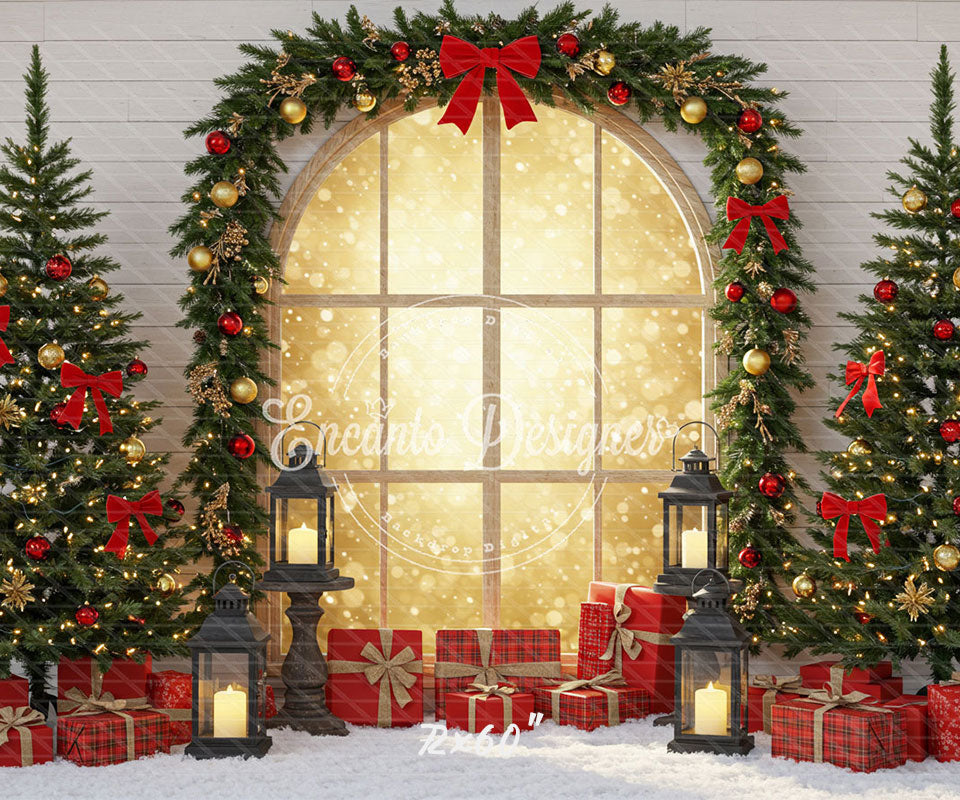 Red Gold Arch Window Christmas Backdrop - Layoris