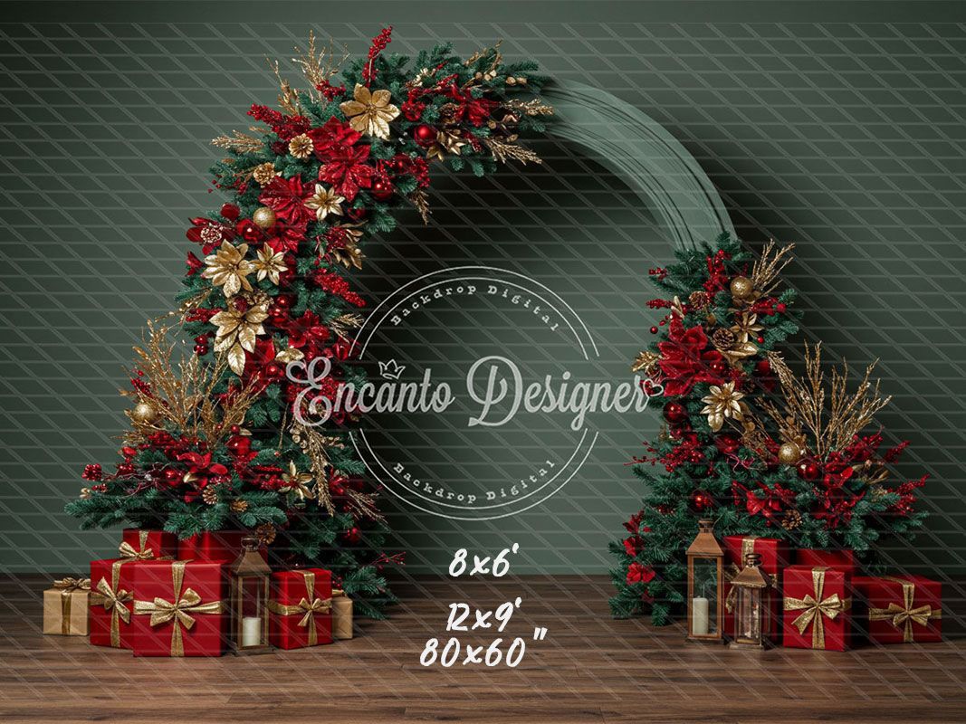 Red Gold Arch Christmas Backdrop - Layoris