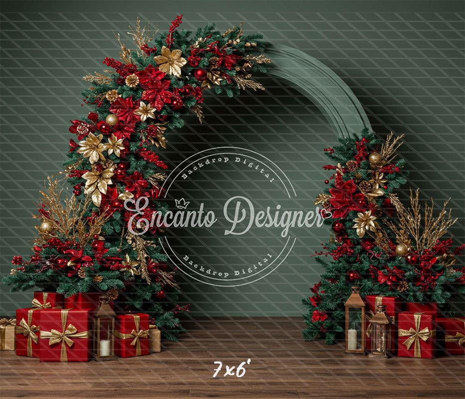 Red Gold Arch Christmas Backdrop - Layoris