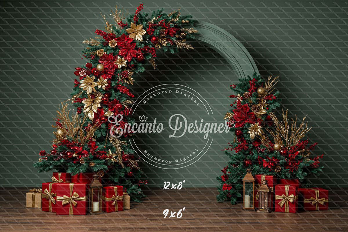 Red Gold Arch Christmas Backdrop - Layoris