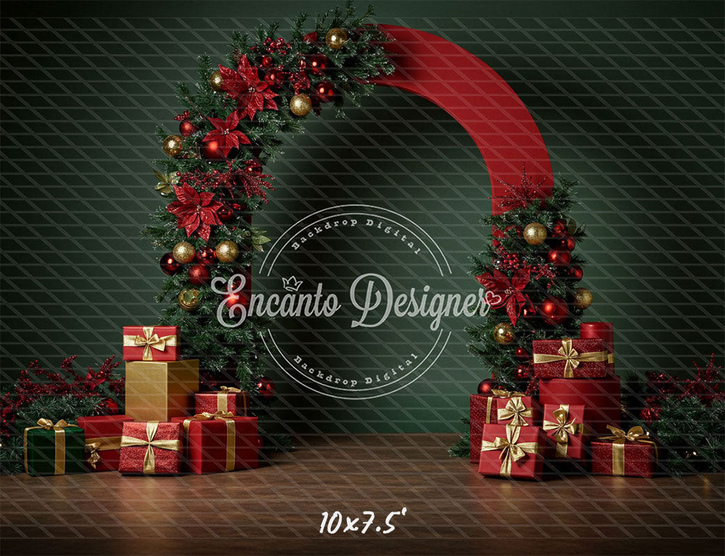 Poinsettia Gifts Red Gold Arch Christmas Backdrop - Layoris