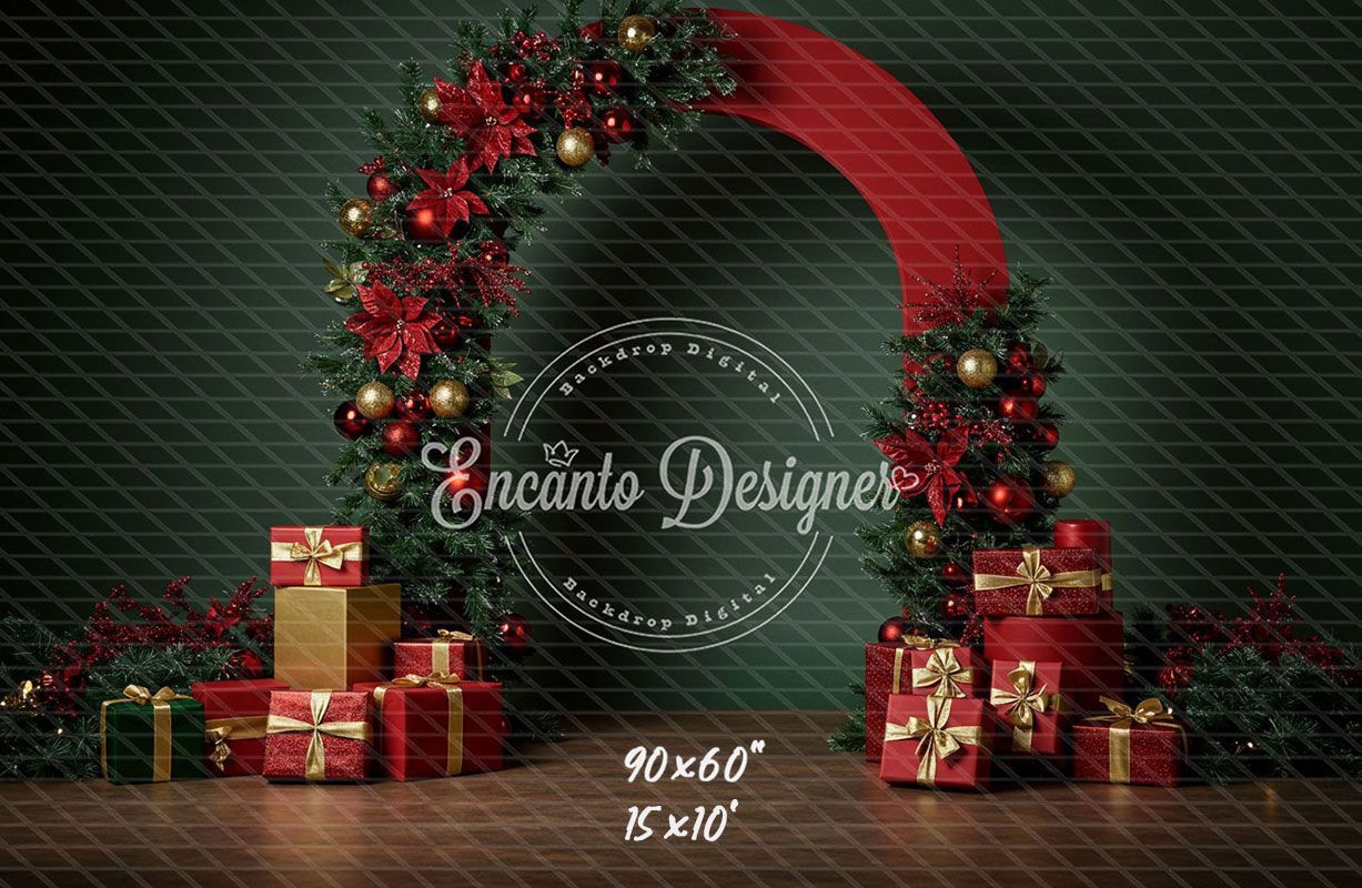Poinsettia Gifts Red Gold Arch Christmas Backdrop - Layoris