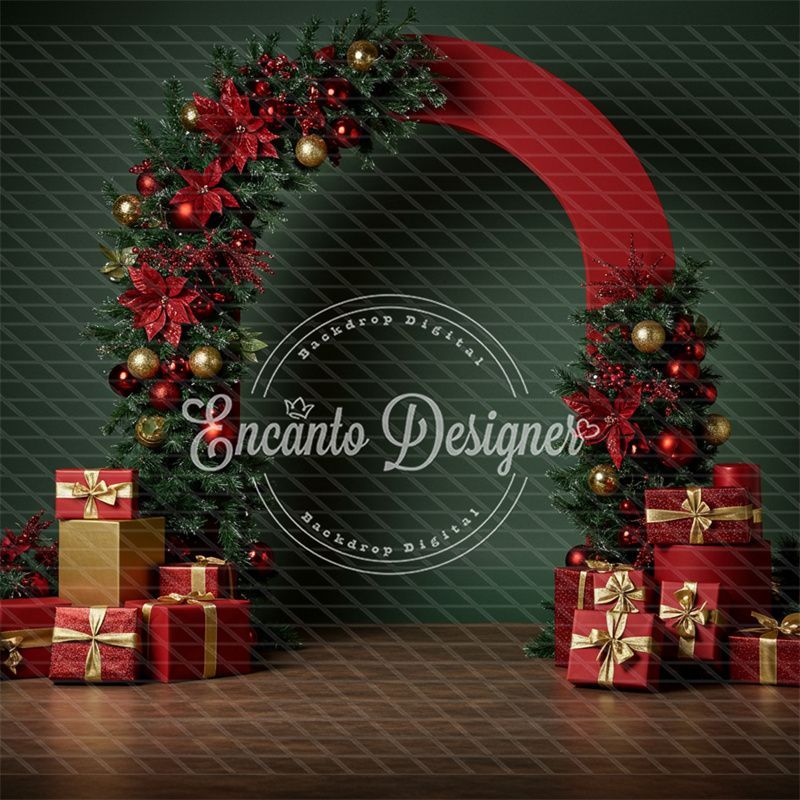 Poinsettia Gifts Red Gold Arch Christmas Backdrop - Layoris