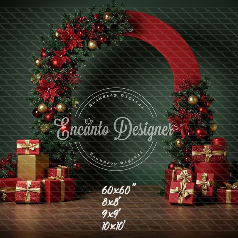 Poinsettia Gifts Red Gold Arch Christmas Backdrop - Layoris