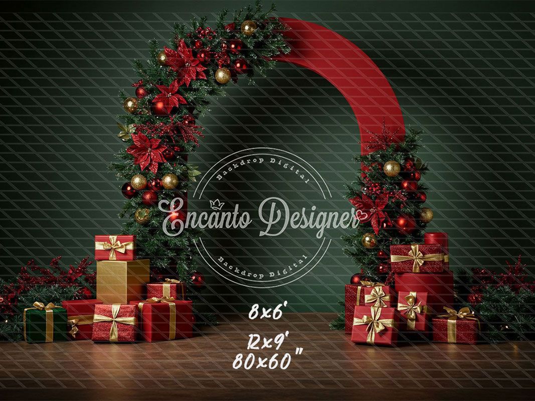 Poinsettia Gifts Red Gold Arch Christmas Backdrop - Layoris