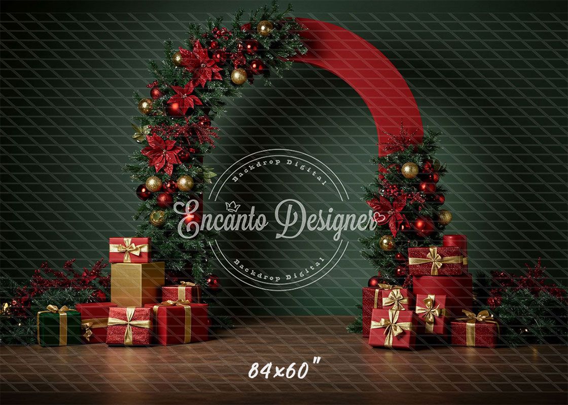 Poinsettia Gifts Red Gold Arch Christmas Backdrop - Layoris