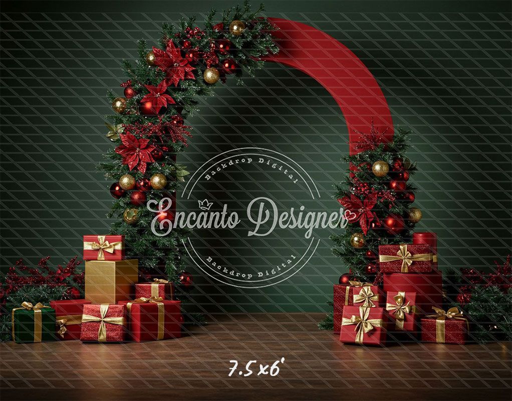 Poinsettia Gifts Red Gold Arch Christmas Backdrop - Layoris
