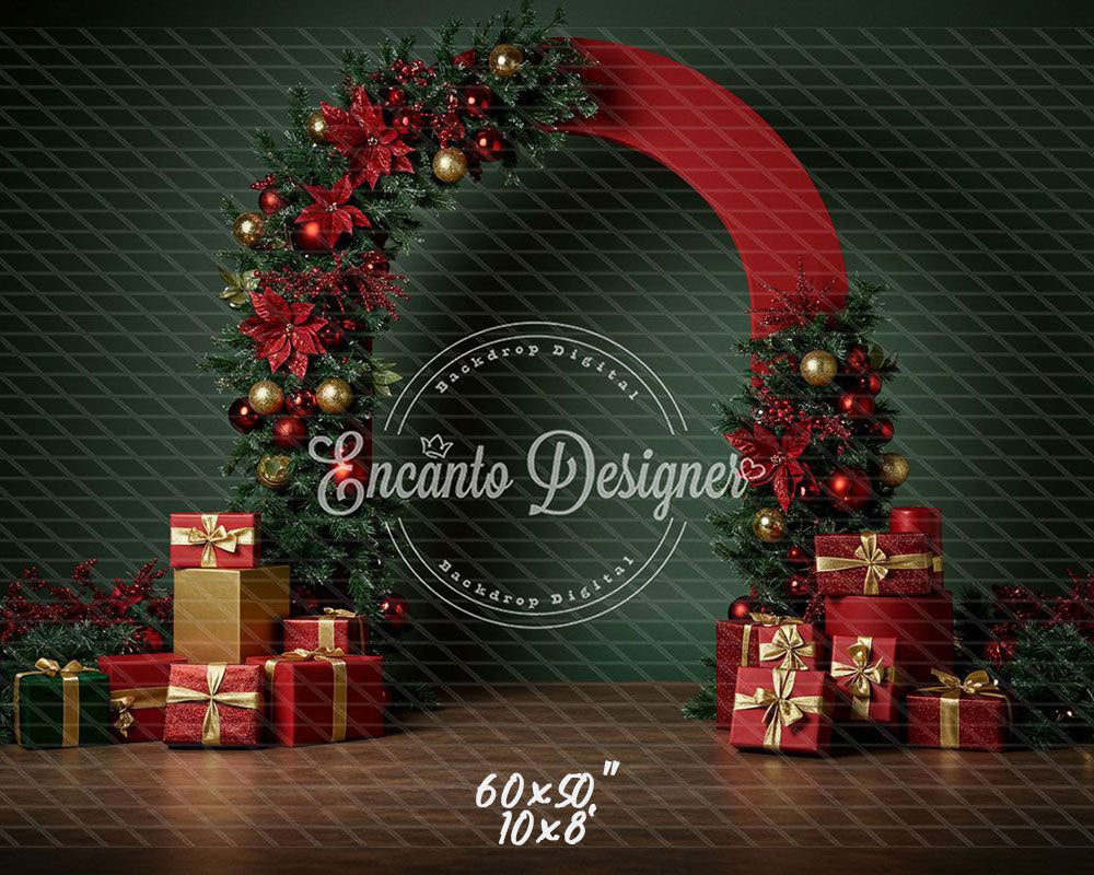 Poinsettia Gifts Red Gold Arch Christmas Backdrop - Layoris