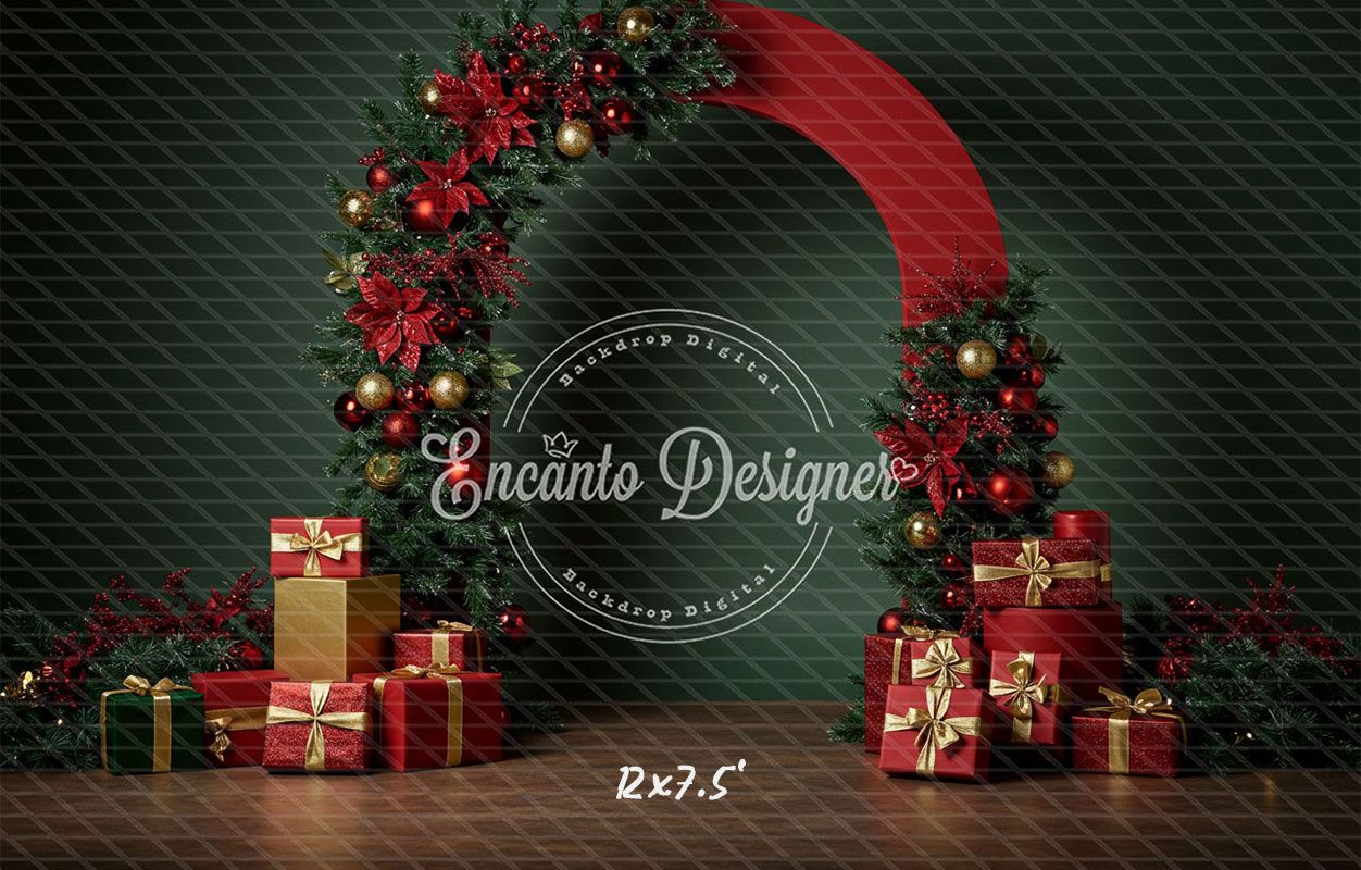 Poinsettia Gifts Red Gold Arch Christmas Backdrop - Layoris