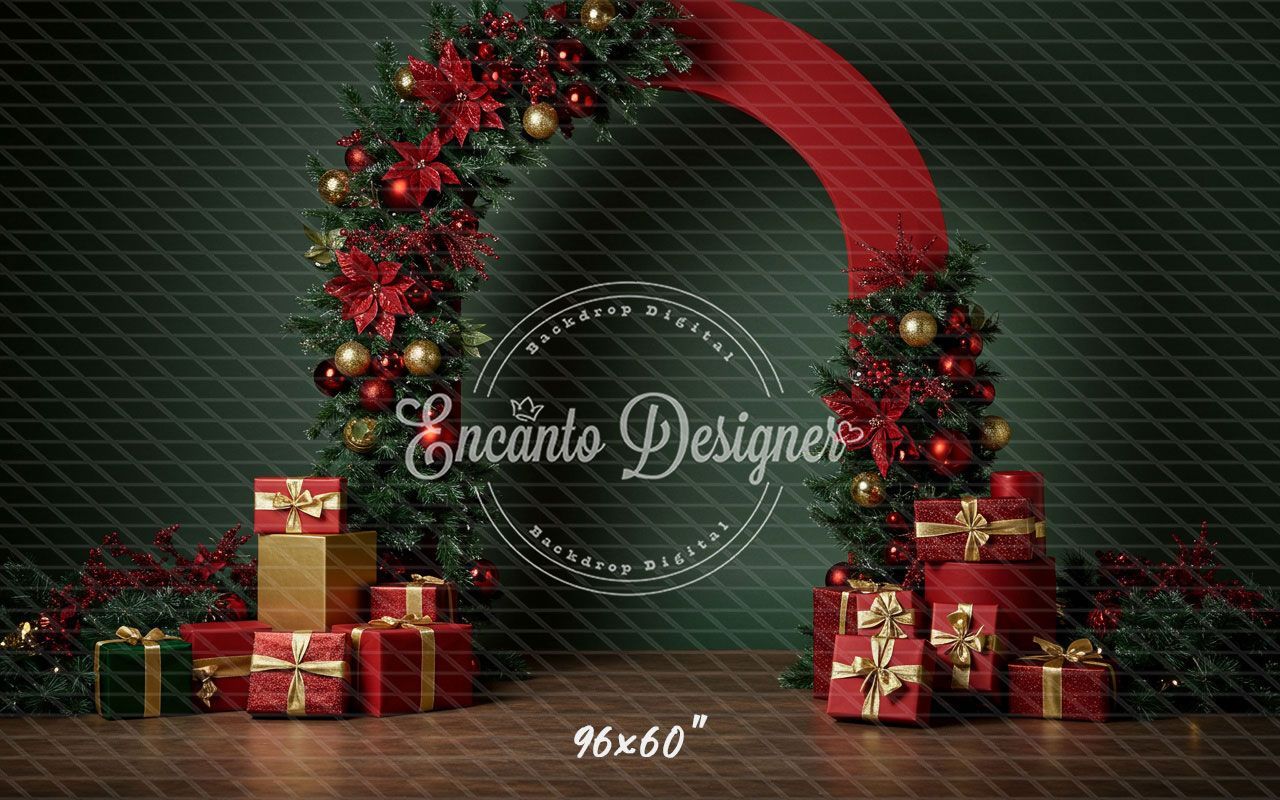 Poinsettia Gifts Red Gold Arch Christmas Backdrop - Layoris