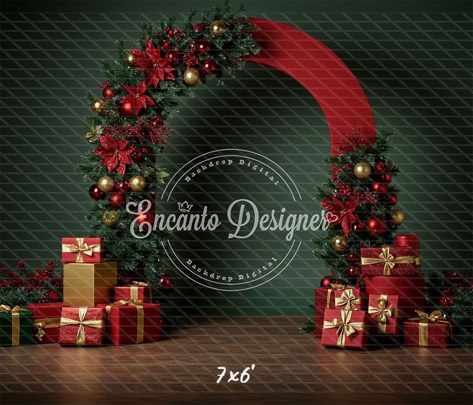 Poinsettia Gifts Red Gold Arch Christmas Backdrop - Layoris