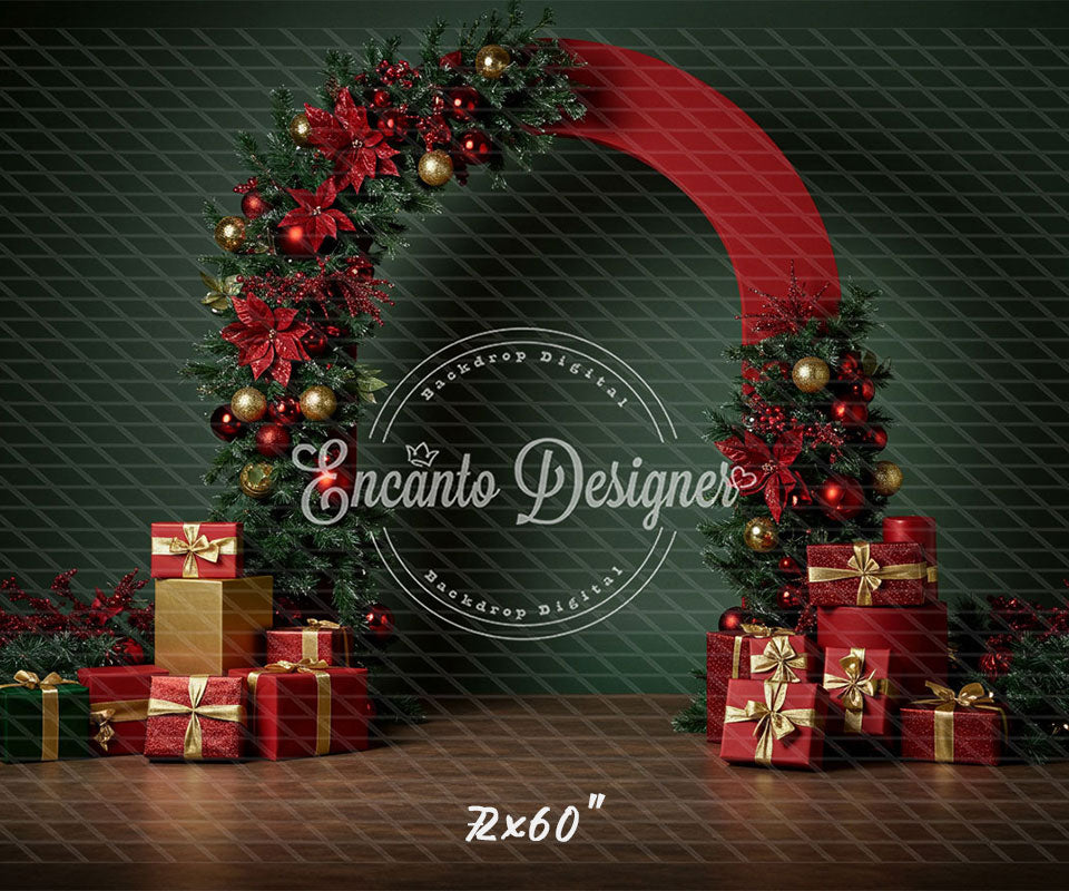 Poinsettia Gifts Red Gold Arch Christmas Backdrop - Layoris
