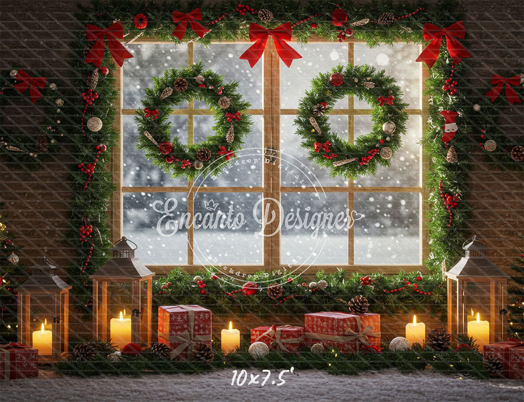 Wreaths Gifts Lanterns Christmas Window Scene Backdrop - Layoris