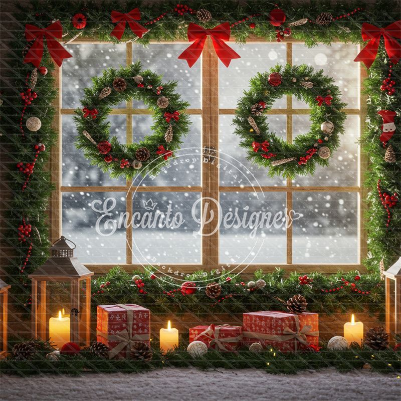 Wreaths Gifts Lanterns Christmas Window Scene Backdrop - Layoris