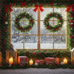 Wreaths Gifts Lanterns Christmas Window Scene Backdrop - Layoris