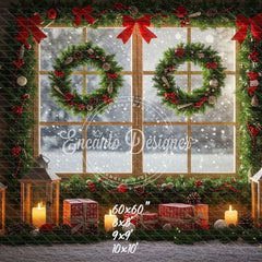 Wreaths Gifts Lanterns Christmas Window Scene Backdrop - Layoris