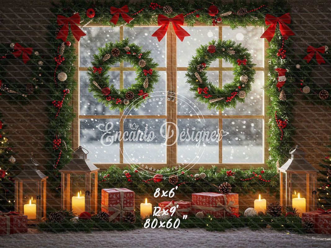 Wreaths Gifts Lanterns Christmas Window Scene Backdrop - Layoris