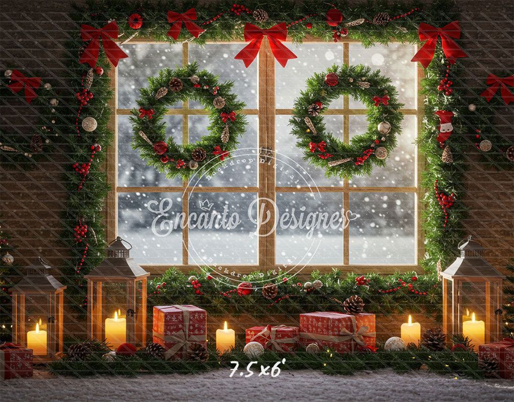 Wreaths Gifts Lanterns Christmas Window Scene Backdrop - Layoris