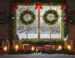 Wreaths Gifts Lanterns Christmas Window Scene Backdrop - Layoris