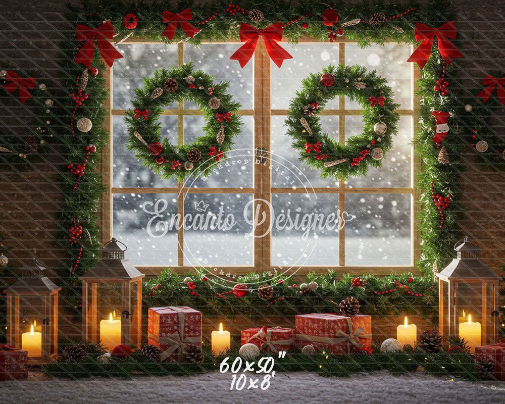 Wreaths Gifts Lanterns Christmas Window Scene Backdrop - Layoris
