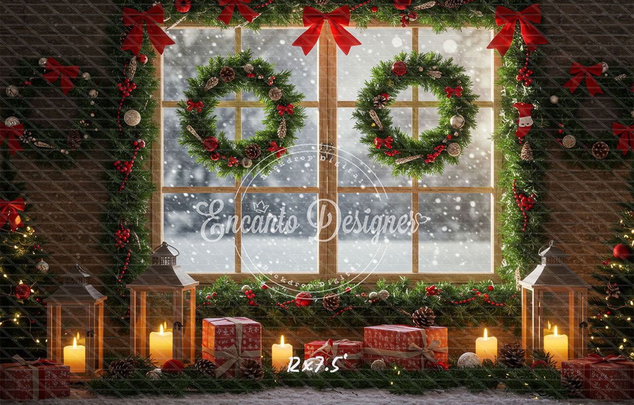 Wreaths Gifts Lanterns Christmas Window Scene Backdrop - Layoris
