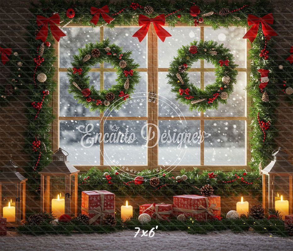 Wreaths Gifts Lanterns Christmas Window Scene Backdrop - Layoris