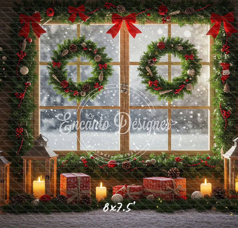 Wreaths Gifts Lanterns Christmas Window Scene Backdrop - Layoris