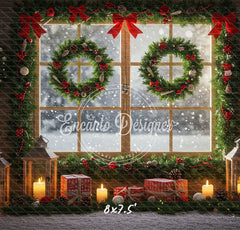 Wreaths Gifts Lanterns Christmas Window Scene Backdrop - Layoris