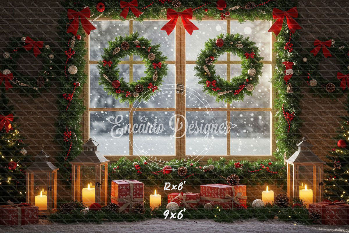 Wreaths Gifts Lanterns Christmas Window Scene Backdrop - Layoris