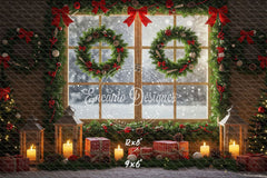 Wreaths Gifts Lanterns Christmas Window Scene Backdrop - Layoris