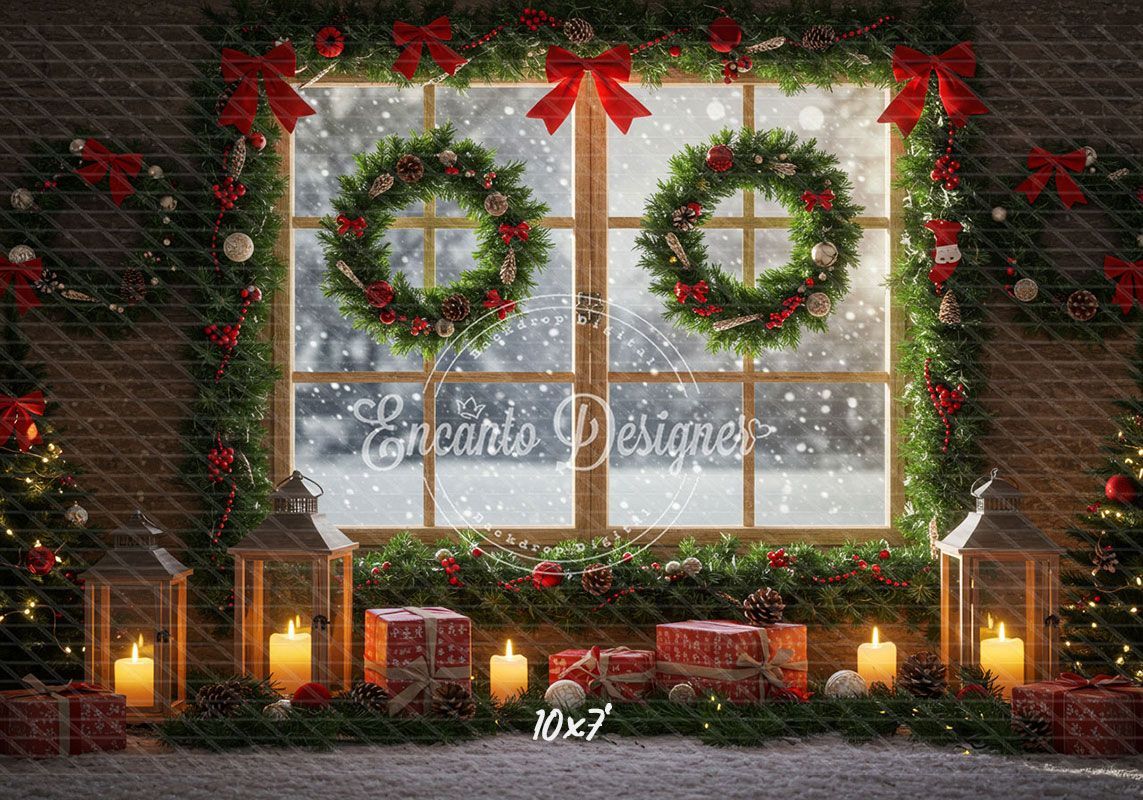 Wreaths Gifts Lanterns Christmas Window Scene Backdrop - Layoris