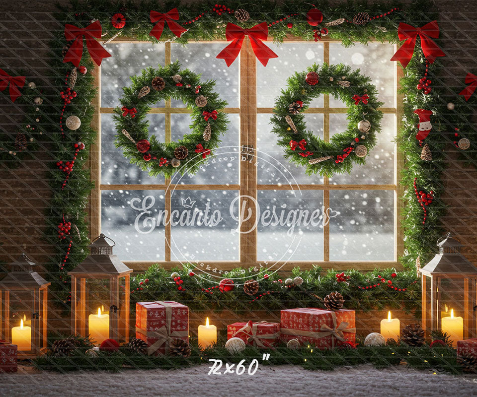 Wreaths Gifts Lanterns Christmas Window Scene Backdrop - Layoris