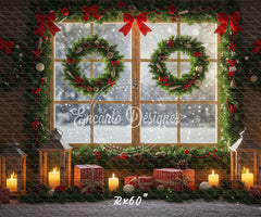 Wreaths Gifts Lanterns Christmas Window Scene Backdrop - Layoris