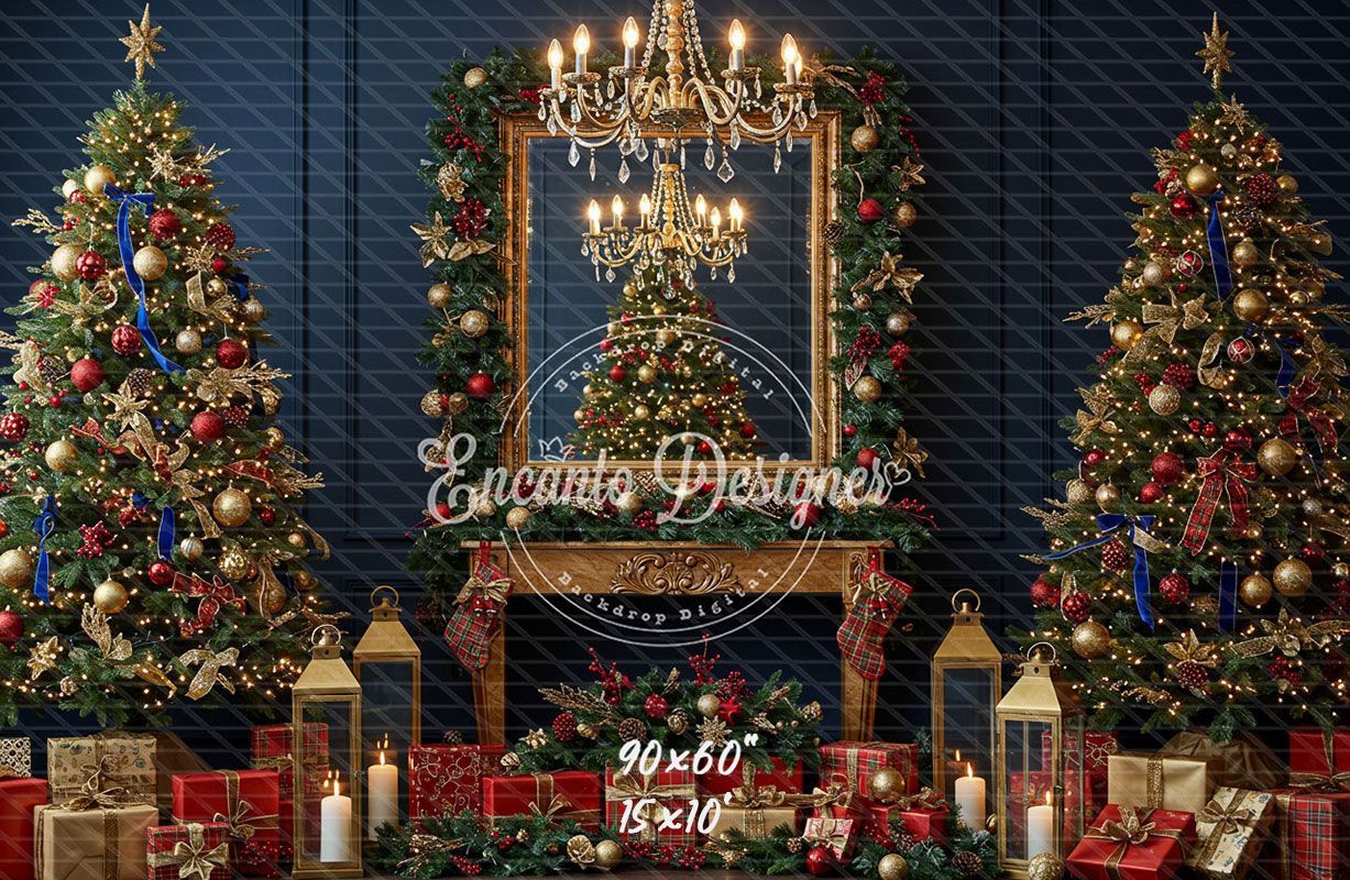 Chandelier Fireplace Trees Gifts Luxury Christmas Backdrop - Layoris