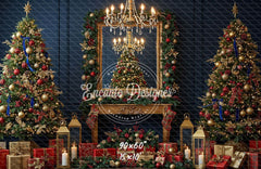 Chandelier Fireplace Trees Gifts Luxury Christmas Backdrop - Layoris