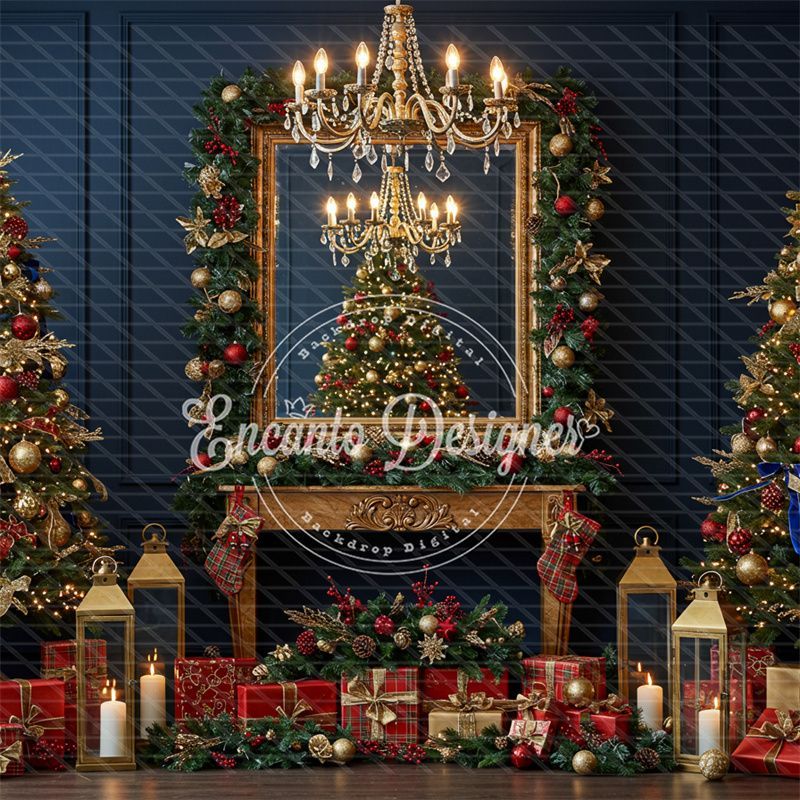 Chandelier Fireplace Trees Gifts Luxury Christmas Backdrop - Layoris