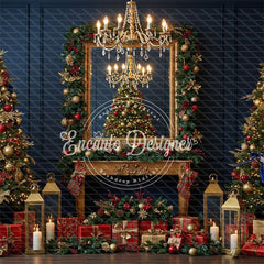 Chandelier Fireplace Trees Gifts Luxury Christmas Backdrop - Layoris