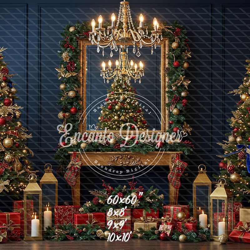 Chandelier Fireplace Trees Gifts Luxury Christmas Backdrop - Layoris