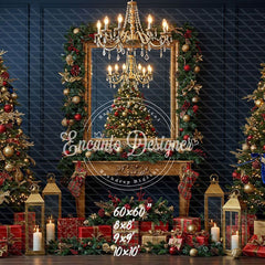 Chandelier Fireplace Trees Gifts Luxury Christmas Backdrop - Layoris
