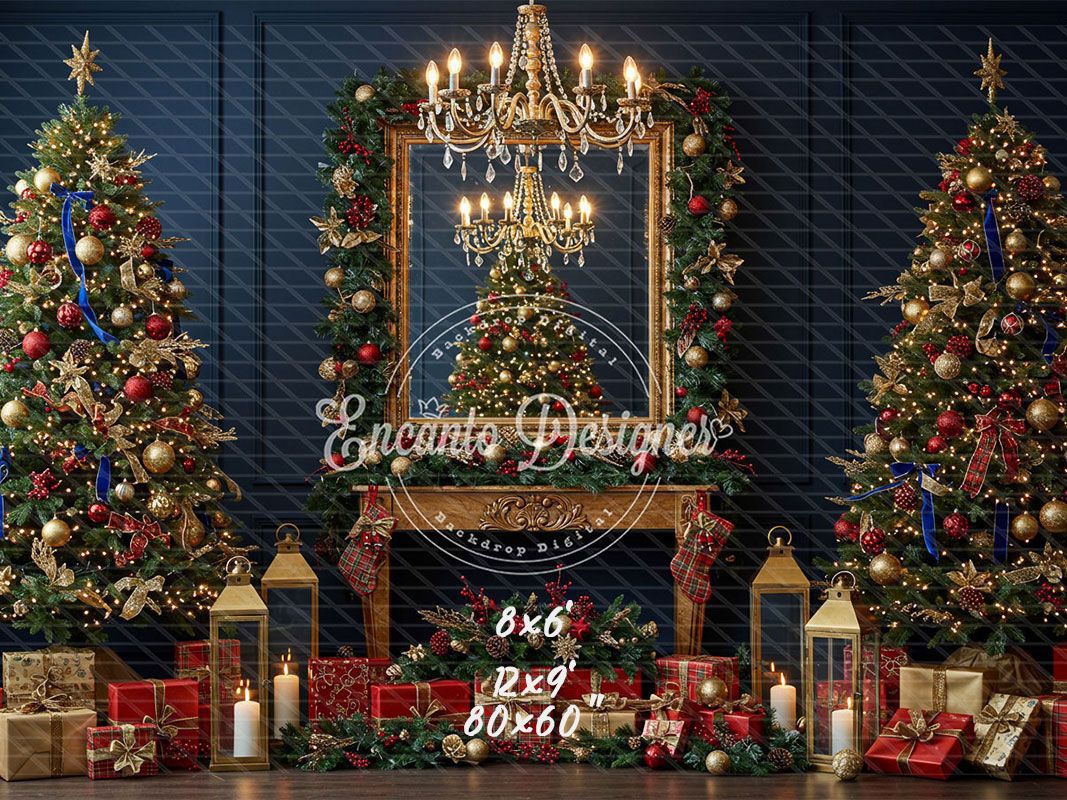 Chandelier Fireplace Trees Gifts Luxury Christmas Backdrop - Layoris