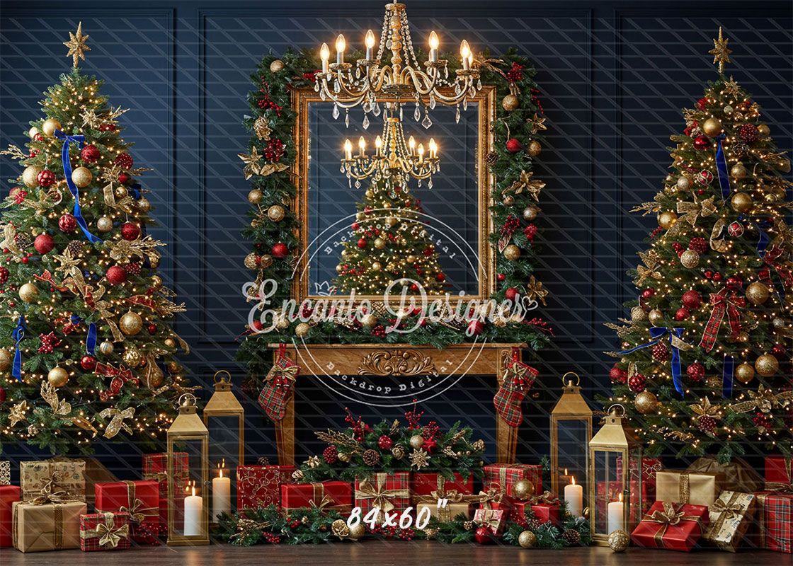 Chandelier Fireplace Trees Gifts Luxury Christmas Backdrop - Layoris