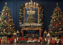Chandelier Fireplace Trees Gifts Luxury Christmas Backdrop - Layoris