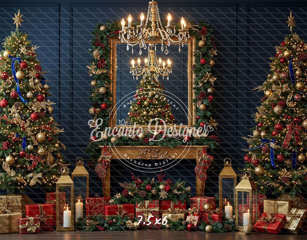 Chandelier Fireplace Trees Gifts Luxury Christmas Backdrop - Layoris