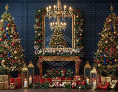 Chandelier Fireplace Trees Gifts Luxury Christmas Backdrop - Layoris