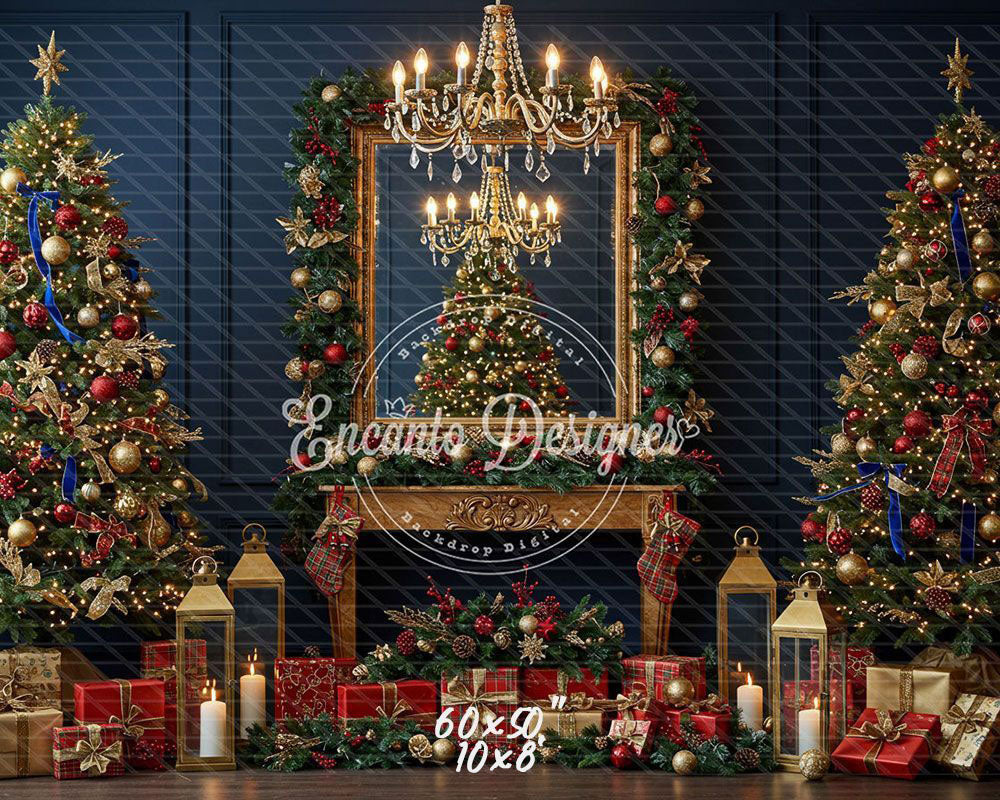 Chandelier Fireplace Trees Gifts Luxury Christmas Backdrop - Layoris