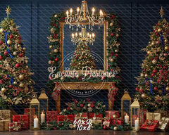 Chandelier Fireplace Trees Gifts Luxury Christmas Backdrop - Layoris