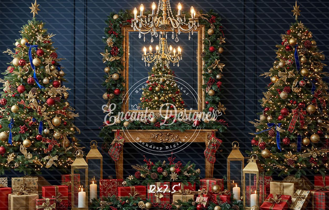 Chandelier Fireplace Trees Gifts Luxury Christmas Backdrop - Layoris