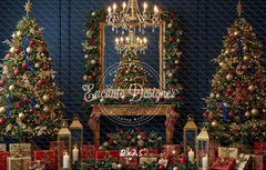 Chandelier Fireplace Trees Gifts Luxury Christmas Backdrop - Layoris
