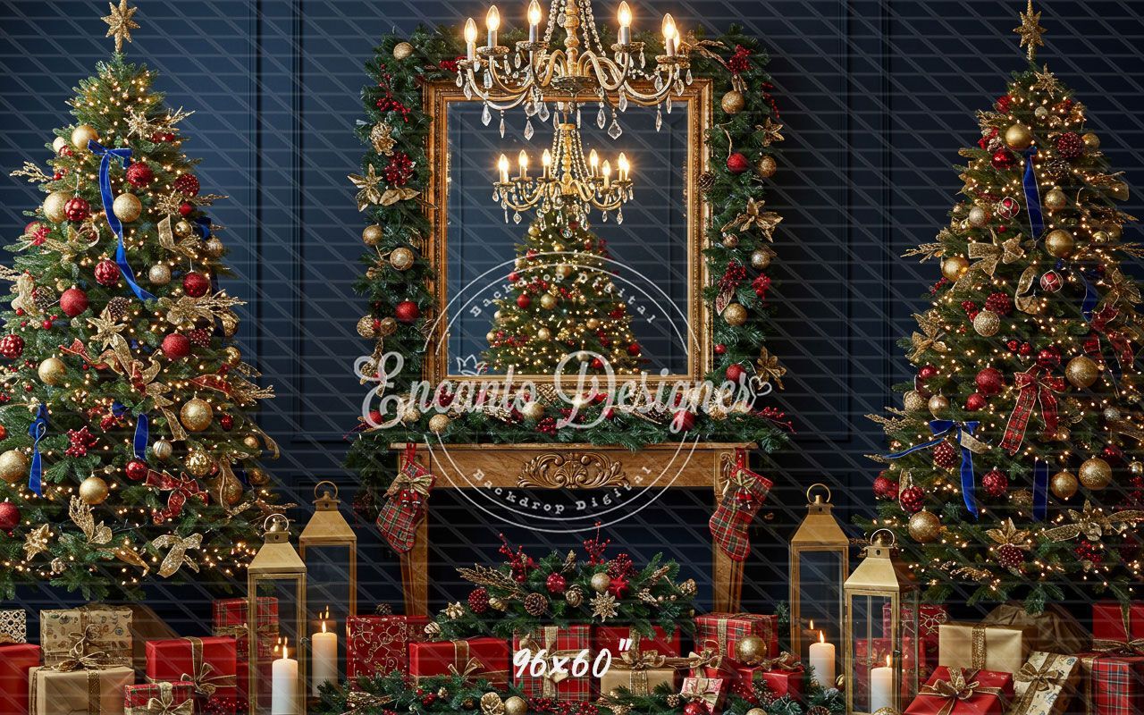 Chandelier Fireplace Trees Gifts Luxury Christmas Backdrop - Layoris